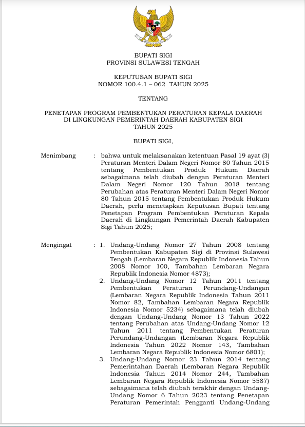 Keputusan bupati sigi nomor 100.4.1 – 062  tahun 2025 tentang penetapan program pembentukan peraturan kepala daerah di lingkungan pemerintah daerah kabupaten sigi tahun 2025