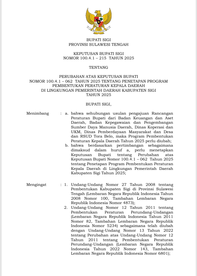 Keputusan bupati sigi nomor 100.4.1 - 215 tahun 2025 tentang perubahan atas keputusan bupati nomor 100.4.1 – 062  tahun 2025 tentang penetapan program pembentukan peraturan kepala daerah di lingkungan pemerintah daerah kabupaten sigi tahun 2025