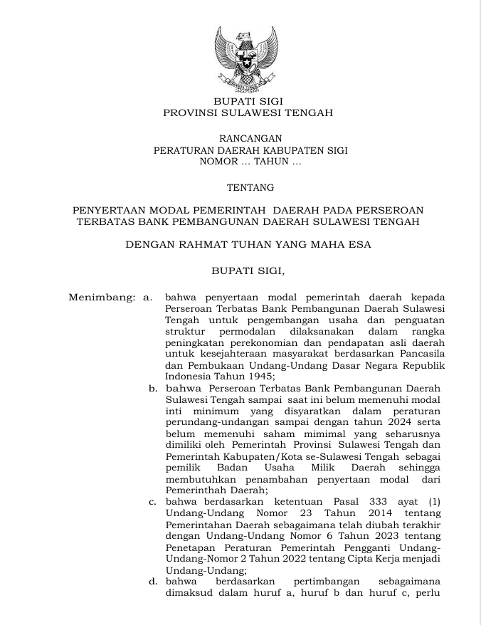 Peraturan daerah kabupaten  sigi nomor ...... tahun..... tentang penyertaan modal pemerintah daerah kepada perseroan terbatas bank pembangunan daerah sulawesi tengah