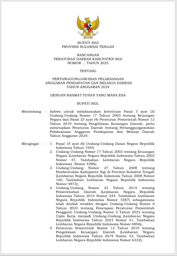 Rancangan peraturan daerah kabupaten sigi nomor .... tahun .... tentang pertanggungjawaban pelaksanaan anggaran pendapatan dan belanja daerah tahun anggaran 2024