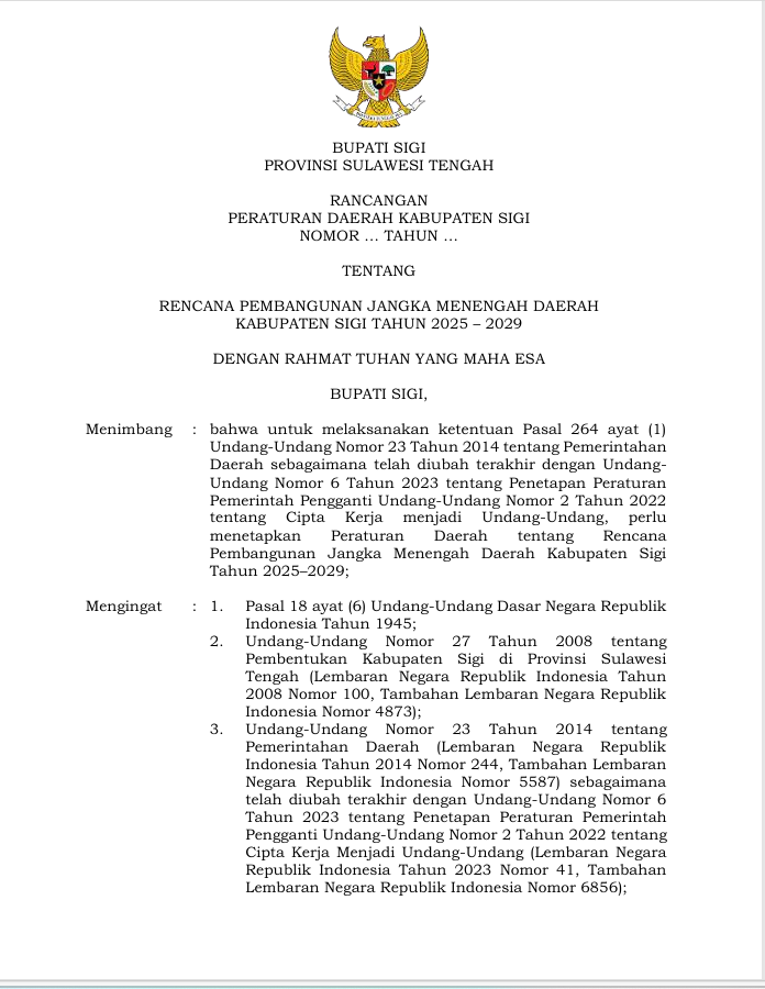 Rancangan Peraturan Daerah Kabupaten Sigi Nomor .... Tahun .... tentang Rencana Pembangunan Jangka Menengah Daerah Kabupaten Sigi Tahun 2025 - 2029