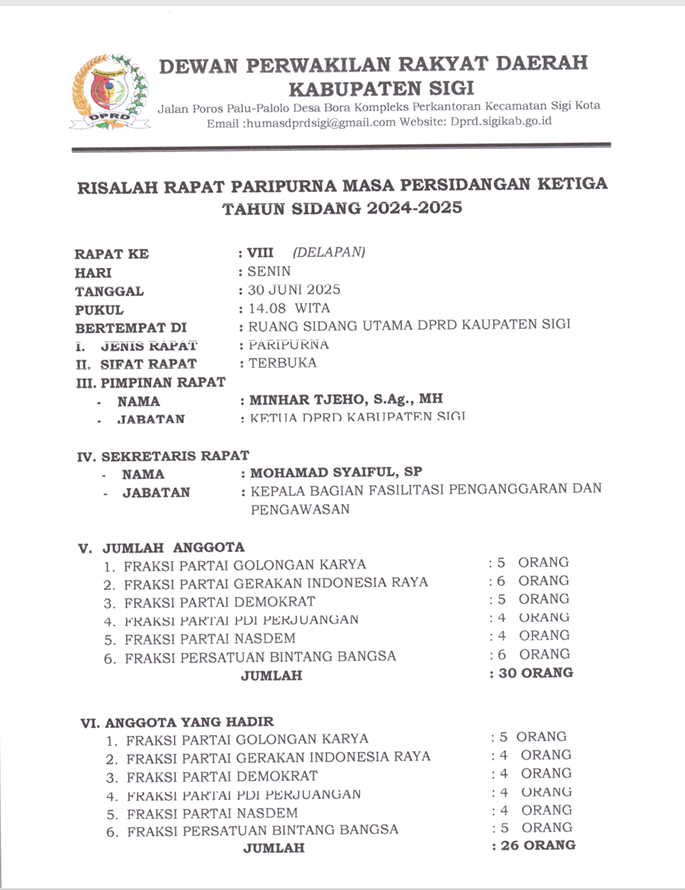Risalah rapat paripurna masa persidangan ketiga tahun sidang 2024 - 2025 membahas raperda tentang pertanggungjawaban pelaksanaan anggaran pendapatan dan belanja daerah tahun anggaran 2024