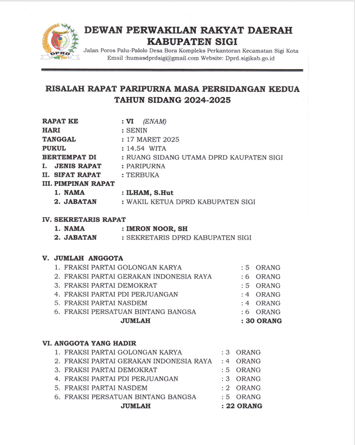 Risalah rapat paripurna masa persidangan kedua tahun sidang 2024 - 2025 membahas empat buah raperda